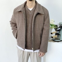 남자 겨울 오버핏 울 하운드투스 체크 블루종 패딩자켓2color