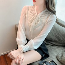 분위기 있는 쉬폰 블라우스 여봄 리본 스트링 긴팔 고급 레이스 패치 탑