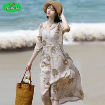 SHENGBO빅 사이즈 7부 면 린넨 프린트 에스닉 원피스