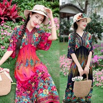 루즈핏원피스 봄 여름 빅사이즈 여성의류 프랑스 로맨스 플라워 프린팅 머메이드한 바캉스 면 코튼 실크 비치 2301769736