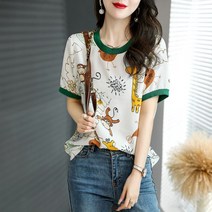 패션 캐주얼 쉬폰 프린트 이너로 루즈핏 날씬해 보이는 반팔 티셔츠 상의 여