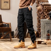 SMOPIG 가을 겨울 남자 와일드 와이드 빈티지 구제 스포츠 카고 빅 포켓 일자 조깅 팬츠