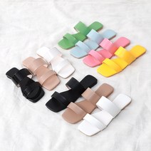 잇슈 사각토우 두가지 소재 더블 와이드 스트랩 플랫 뮬 슬리퍼 샌들 (1.5cm) 7033