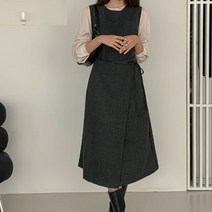 디작소 여성 마허 라운드넥 레이어드 랩 나시 롱 원피스