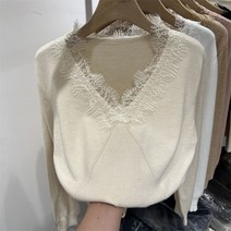 레이스 스티칭V숙녀 숙녀 Long -Sleeved Knitt Girl Top 2023 Spring New Inner Betting Forte 큰 셔츠 스웨터 조수