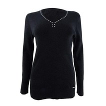 DKNY 여성용 장식 브이넥 풀오버 스웨터 블랙.