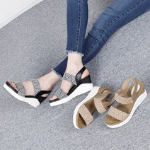 런슈즈(국내제작) 발편한 밴드 스판 투스트랩 웨지 통굽 여성샌들 7cm