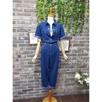 허리 밴딩 반팔 데님 점프수트