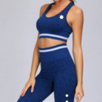 보드미 트레이닝 Q S레오파드 브라탑 호피무늬 레깅스 세트 블루