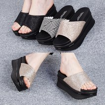 런슈즈 (국산) 반짝이 펄 글리터 체크 키높이 뮬 통굽 여성 슬리퍼 6.5cm