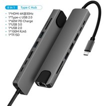 노트북도킹스테이션 usb c타입 멀티허브 hub 맥북 프로 에어 8 인 1 허브 노트북 어댑터 충전용 USB C 포트 도킹 스테이션 RJ45 HDMI 3.0 PD TF SD 카드, 8-in-1 Type C HUB