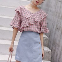 매력 여름 러블리 대코디 체크 여자친구코디 핑크 블라우스 소개팅 여대생코디 5부 브이넥 소녀코디 데이트코디 사선 여친룩 썸코디 프릴 화사한