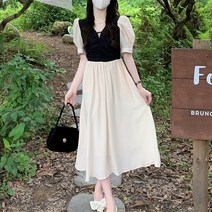 미미앤느 여성 V넥 가슴 주름 기본핏 배색 여름 반팔 미디원피스 a3082