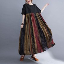 중년 여성 빅사이즈 여름 라운드 면 린넨 배색 줄무늬 루즈핏 반팔 롱 원피스