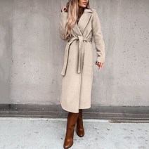여성 트렌치코트 가을 캐주얼 턴 다운 칼라 심플 울 레이스 업 벨트 붕대 롱 가디건 긴