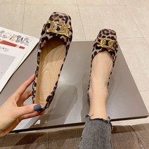 라오농 새로운 여성 신발 레오파드 프린트 스퀘어 토 플랫 슈즈 여성용 얕은 입 부드러운 밑창 콩 슈즈 +02Q2TadX