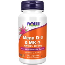 NOW MEGA D-3 & MK-7 5000 IU / 180 mcg 120캡슐, 120정, 1개
