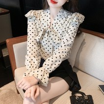 봄 코디 슬림핏 도트 블라우스 긴팔 블라우스 상의녀