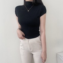 VANANA2 여성 베이직 페미닌 고급 반목 폴라 반팔 티셔츠