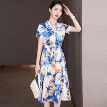 프렌치 플라워 원피스 여 패션 기질 쉬폰 프린트 하늘하늘 롱 AB03
