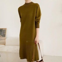여자 하객룩 모크넥 플레인 니트 플리츠 롱원피스