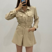 그레이스 긴팔스티치 미니점프수트 단정한 카라넥 반바지 점프슈트