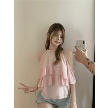 케이프블라우스 프렌치 스위트 홀터넥 피쉬본 쉬폰 셔츠 용 여름 디자인 감각 오프 숄더 셔츠 탑 여성
