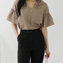 브이와이 여자 반팔 트럼펫 소매 프릴 무지 하객 면접 블라우스