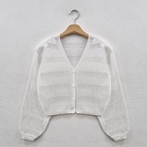 뜨개진 여성용 바늘턴 스카시 퍼프 소매 크롭 가디건 패셔니트 볼레로