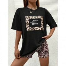 봄 여름 SHEIN EZwear 호피 무늬 & 알파벳 프린트 드롭 숄더 티 헬스 반바지305729