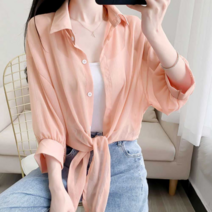 보드미 여리핏셔츠 여름 여성 데일리 셔츠 얇은 긴팔 허리 매듭 블라우스