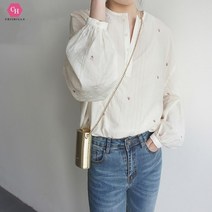 시크힐즈 핑크로즈 자수 루즈 볼륨 블라우스 00310