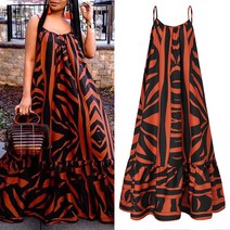 패션 여성 댄스 파티 민소매 크루 넥 헐렁한 드레스 플리츠 프릴 밑단 프린트 롱원피스 빅사이즈 나시 원피스