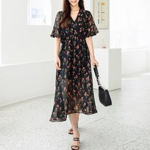 헤링본 여름 롱 쉬폰원피스 프릴 플라워 브이넥 스트랩 플레어 비치원피스 휴양지 바캉스룩 HE066