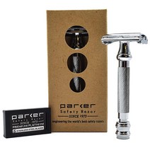 Parker 99R - 남성용 롱 핸들 헤비웨이트 버터플라이 오픈 더블 에지 안전 면도기 및 프리미엄 플래티넘 더블 에지 면도날 5개