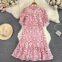 여름 후크 꽃 자수 구멍 뚫린 여성 드레스 스탠드 칼라 랜턴 슬리브 바닥이 있는 서스, Pink 08+L