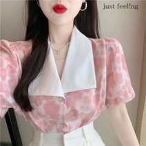 just feel!ng 여성 퍼플 소매 빅칼라 플로랄 쉬폰 블라우스 반팔 티셔츠 여성상의 정장블라우스 셔츠블라우스 남방 하객룩