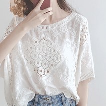 썬플라워 펀칭 꽃자수 블라우스 여름 탑스 블라우스 FREE