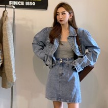 모던 데님 세트 여 빈티지 루즈핏 상의 하이웨이스트 여성 플라워 셔츠 라운드 블라우스 세트 스커트 V넥
