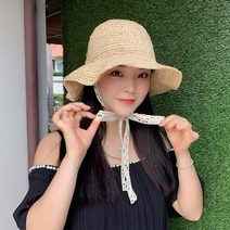 여름 밀짚 라피아 레이스 끈 벙거지 여성 버킷햇 모자
