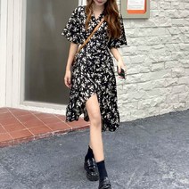 데이프릴 여성용 앨리스 브이넥 프릴 랩 미디 여름 반팔원피스