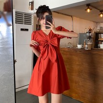 퐁순싸롱 코튼 면 브이넥 왕 리본 반팔 A라인 미니 원피스 SY