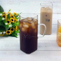 마카 MAKA 내열유리 사각컵-홈카페 예쁜유리컵 카페유리잔아이스커피잔 강화유리컵, 사각머그컵-중 (370ml)