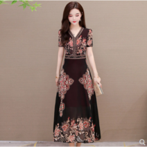 WARM원피스 여름 여성 반팔 복고풍 복고풍 슬림핏 민족 화려한 허리 커버