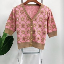 스팽글가디건 빤짝이 Small Fragrance Sequin Flower Knitted Cardigan Women Summer Fashion Contrast Color V-Neck