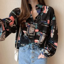 besteffie 봄 가을 여성 셔츠 카라 루즈핏 배색 꽃무늬 편한 긴팔 남방 상의 심플 빅사이즈 S~3XL A86