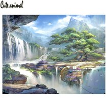 십자수 5 그림 폭포 풍경 크로스 스티치 모자이크 자수 헛 숲 그림 모조 홈 보석, 라운드 100x130cm