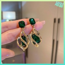 에메랄드귀걸이 원석 큐빅 어 스탈 매달려 골드 컬러 중공 스터드 파티
