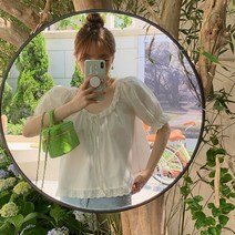 여성 여름 2컬러 단색 U넥 퍼프 소매 레이스 반팔 블라우스 셔츠 외출복 데이트룩