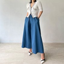 네모엔룩 여성용 데님크루와이드 허리밴딩 포켓 빅사이즈 와이드 롱 데님 팬츠